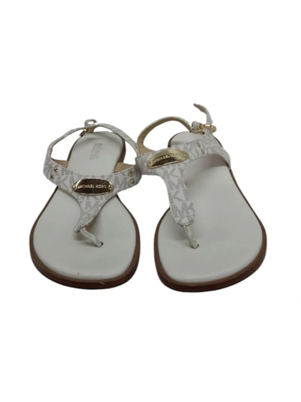 Michael Kors White Logo T-Strap Thong Sandals with Gold Accents